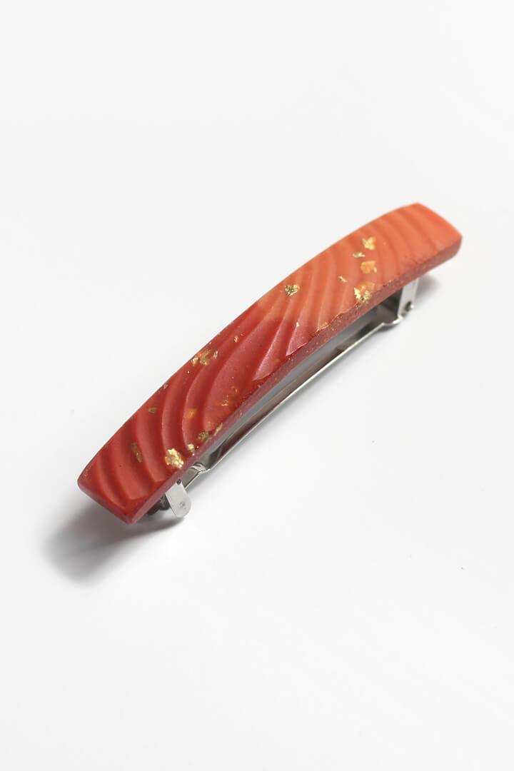 Boeme, quality handmade hair barrette in coral red resin and 24 karat gold leaf