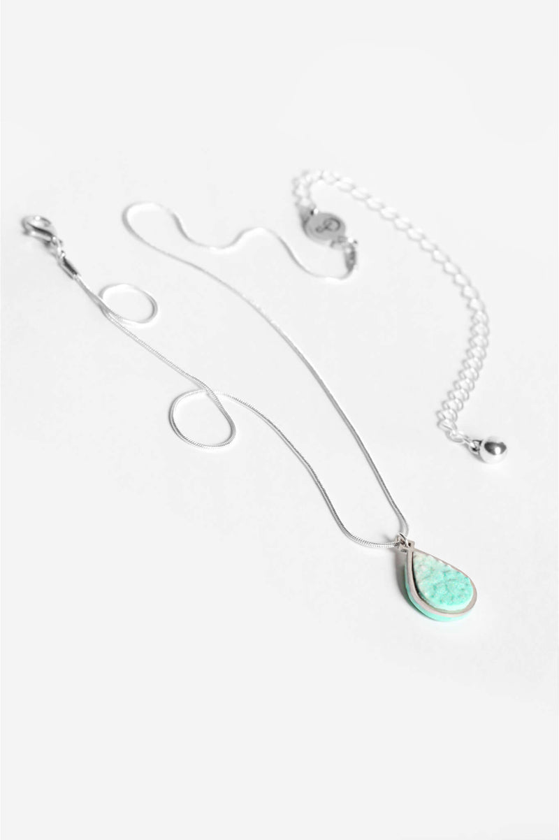 Candide teardrop adjustable length necklace in green aqua mint color resin and hypoallergenic stainless steel