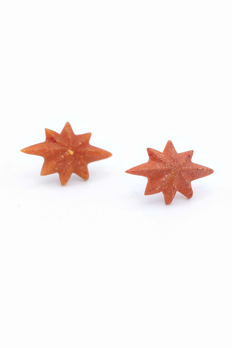 Étoile du Berger studs earrings star shape hypoallergenic stainless steel in red coral color resin