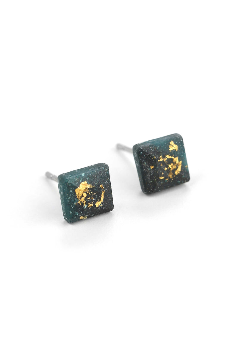 Mosaique, small square-shaped hypoallergenic studs in golden green forest resin and gold leaf