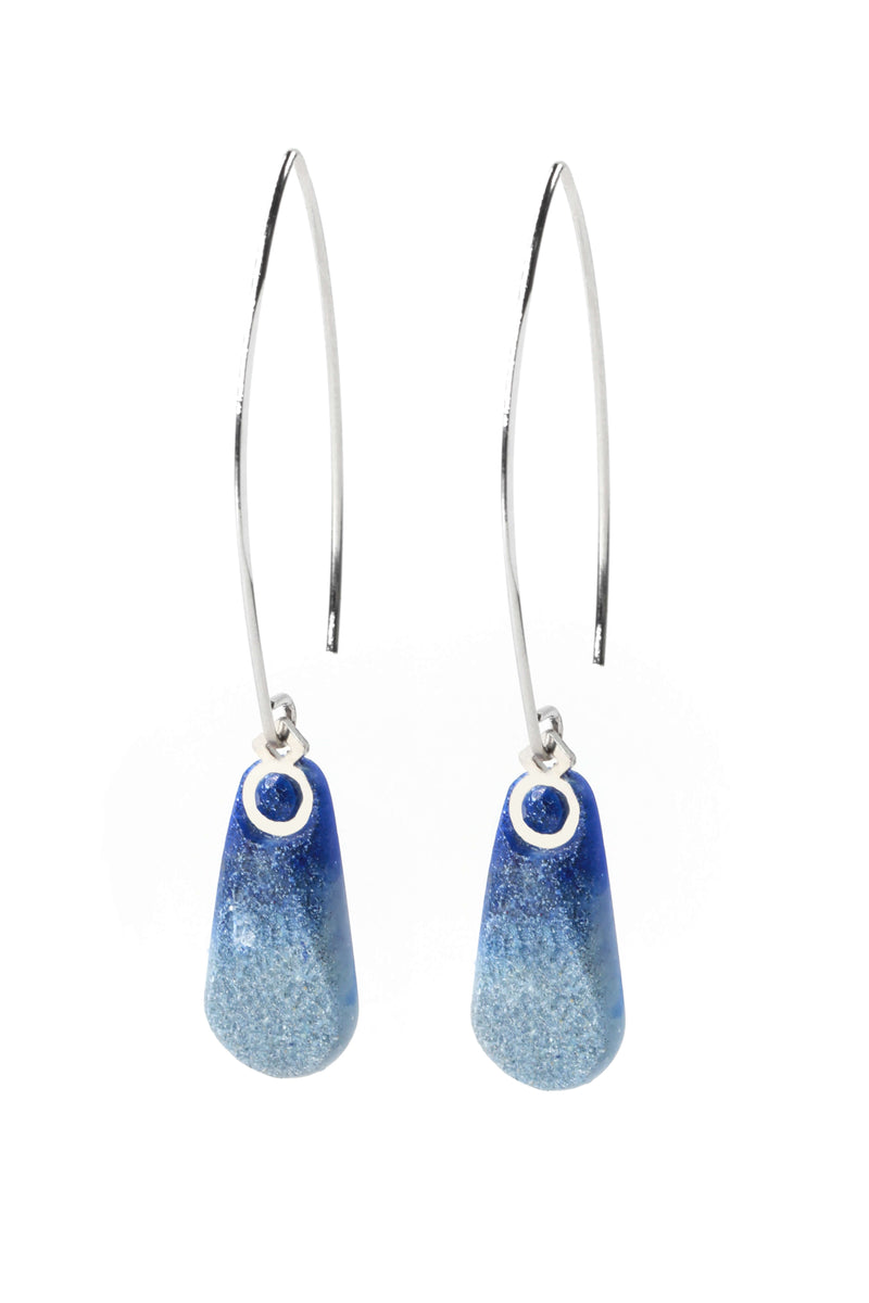 Rosée teardrop shape earrings in indigo blue sustainable resin and long hypoallergenic stainless steel hooks