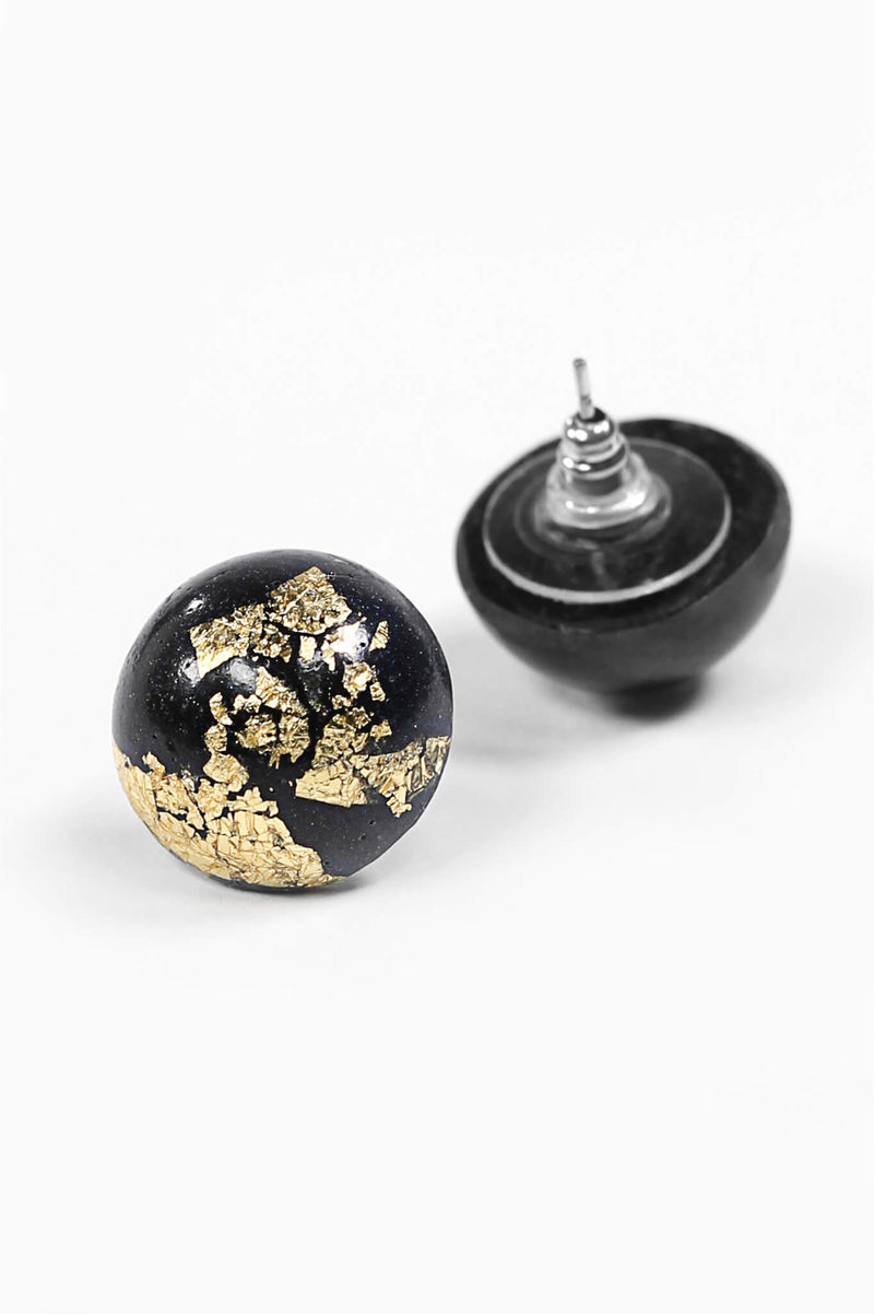Astral black and gold leaf spherical stud earrings 
