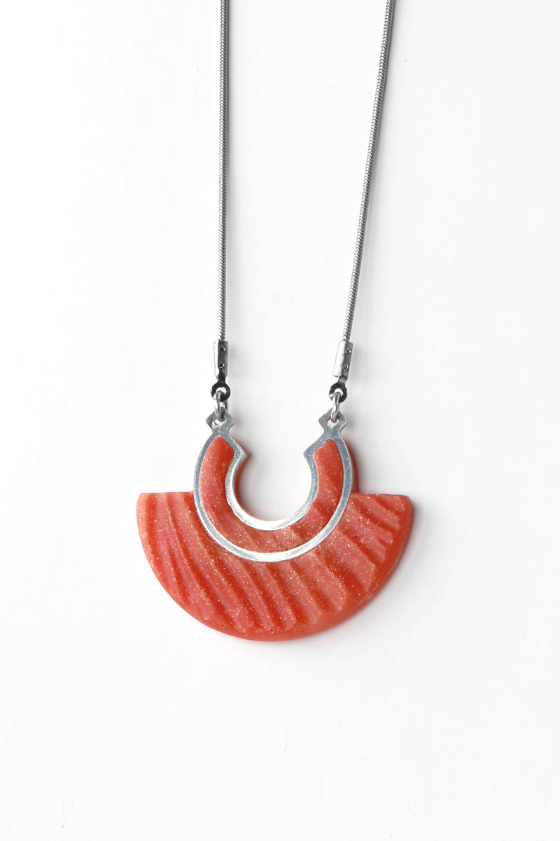 The pendant necklace Aurore, coral red colored eco-friendly resin and hypoallergenic stainless steel chain, handmade