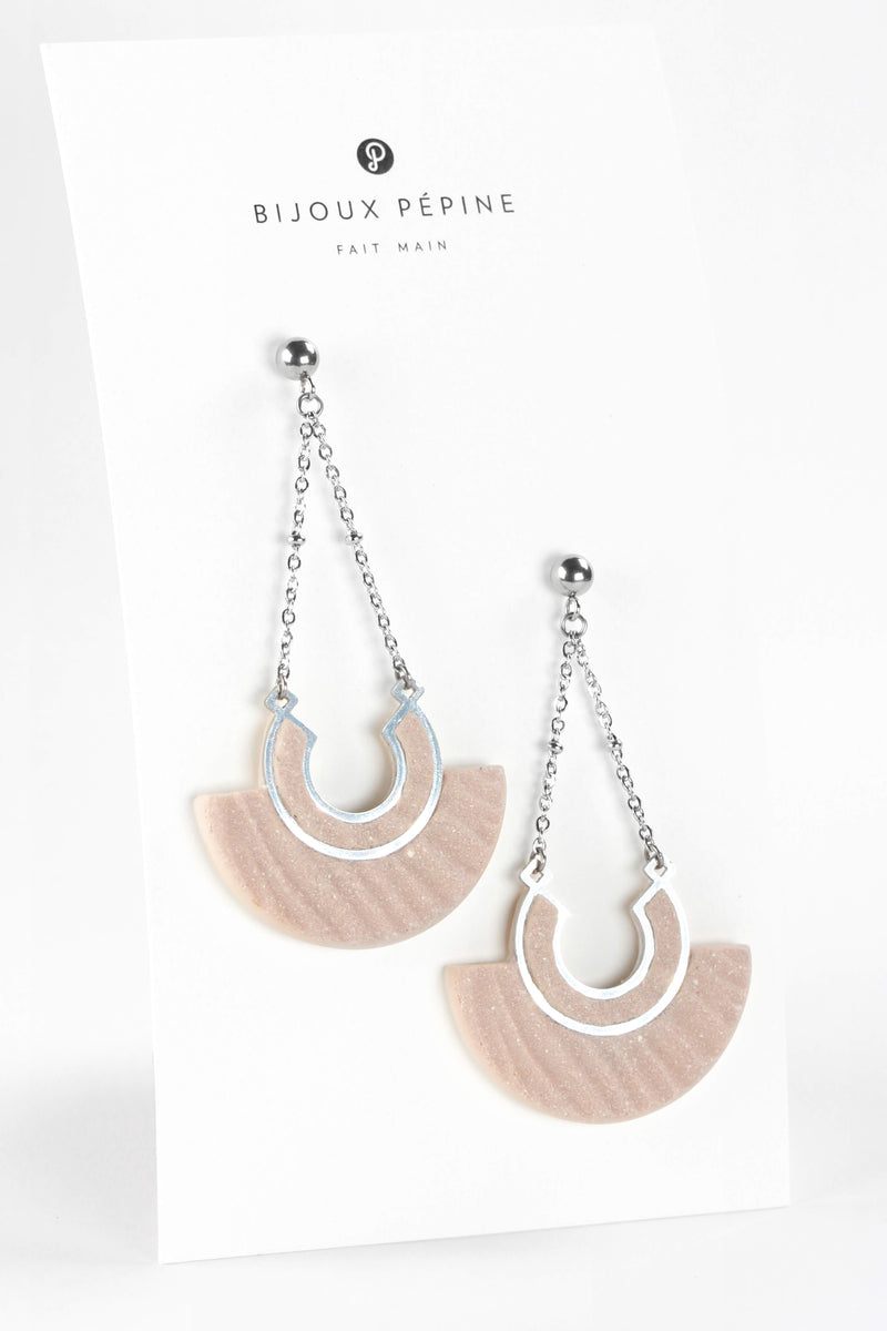 Aurora stud earrings, beige eco-friendly resin and hypoallergenic stainless steel chain, handmade