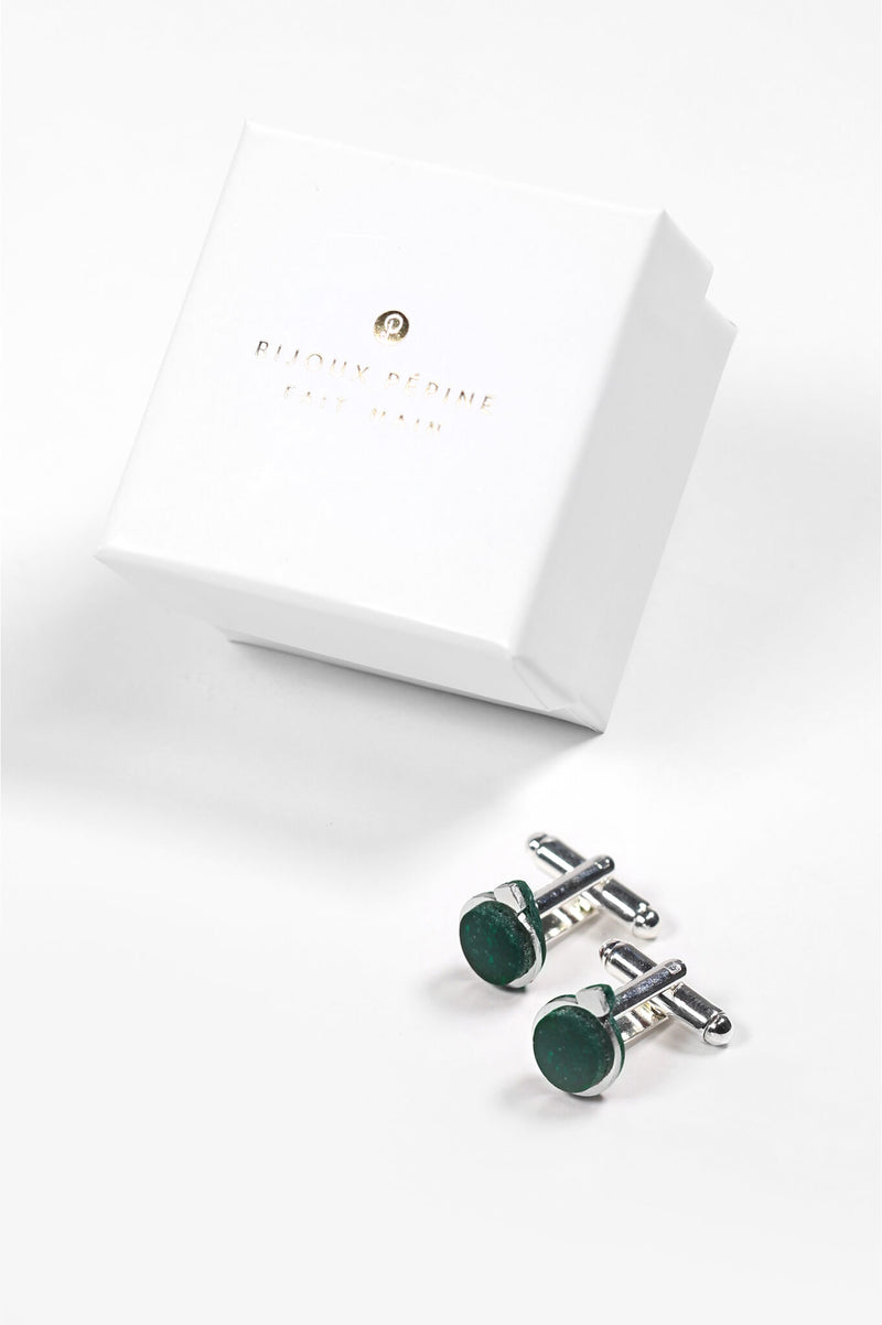  made forest green Echo cufflinks and Bijoux Pépine luxury gift packaging