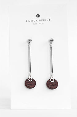 Dune earrings, handmade dangling studs in burgundy red resin and hypoallergenic stainless steel
