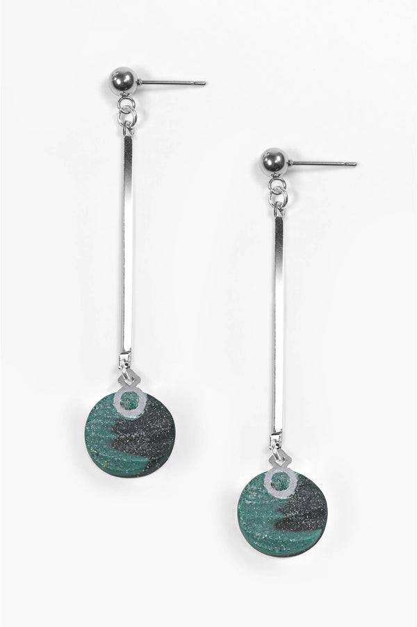 Dune earrings, handmade dangling studs in two-toned forest green resin and hypoallergenic stainless steel