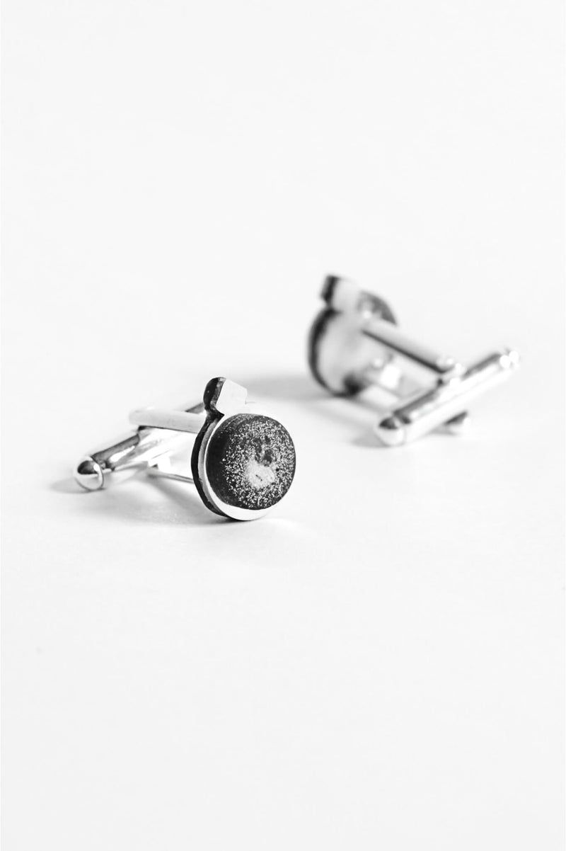 Echo, handmade cufflinks for him in marbled black and white resin and hypoallergenic stainless steel