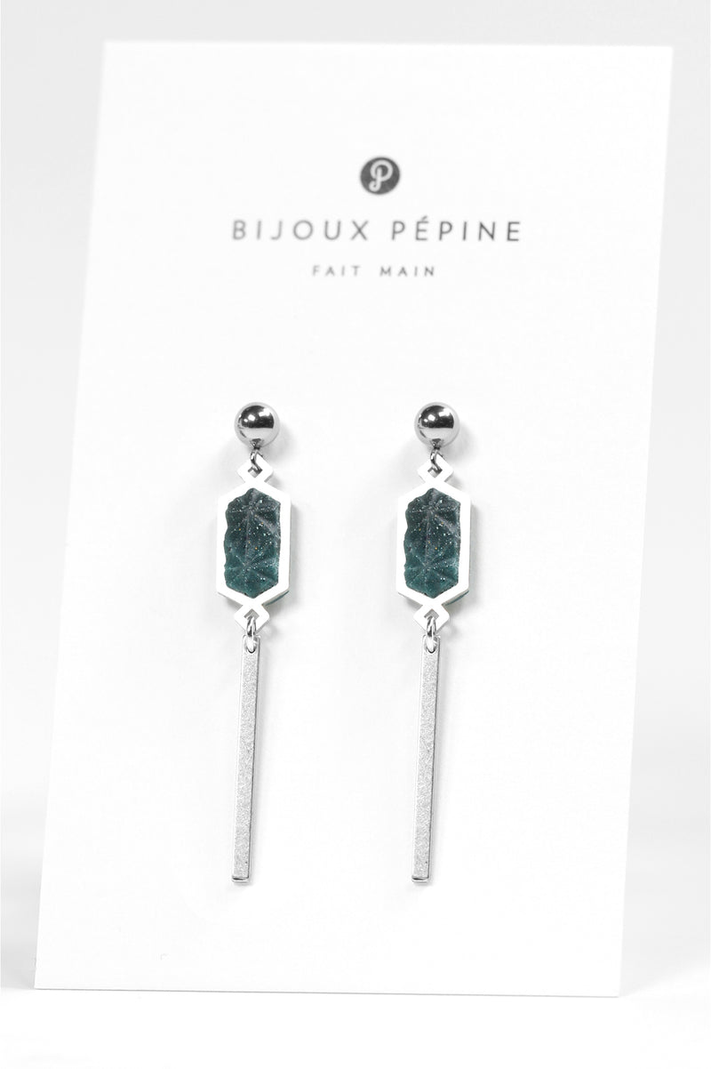 Nova, dangling stud earrings in forest green resin and hypoallergenic stainless steel