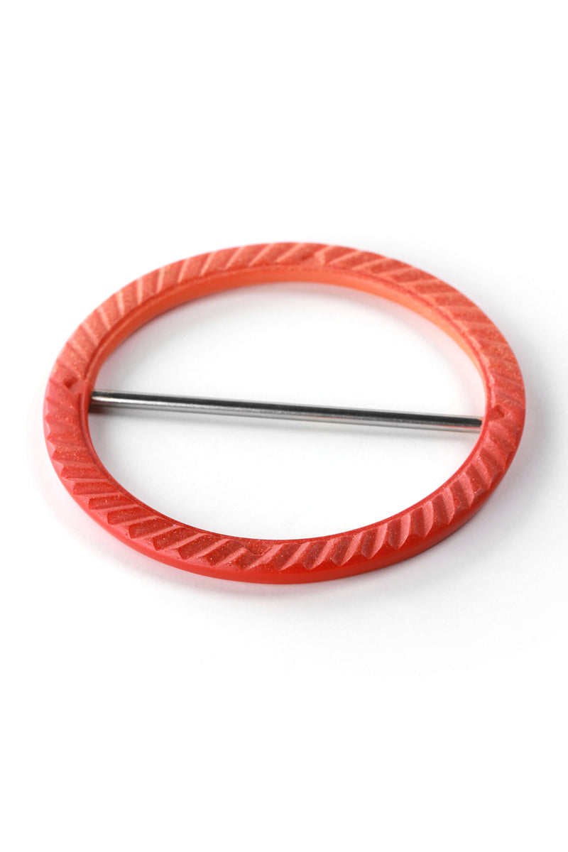 Ouroboros, scarf ring brooch in coral red eco-friendly resin and hypoallergenic stainless steel bar, handmade process