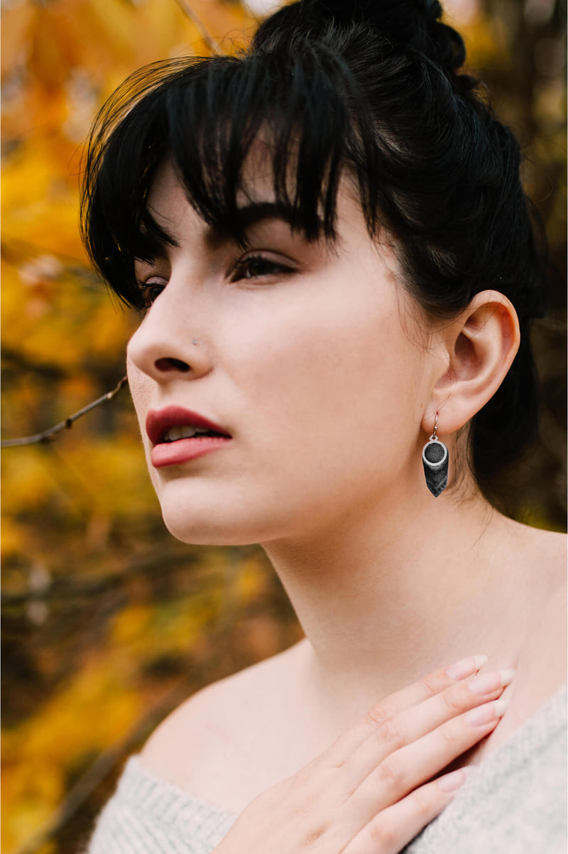 fashion model wearing jewelry designer Bijoux Pépine's handmade Panache earrings in black