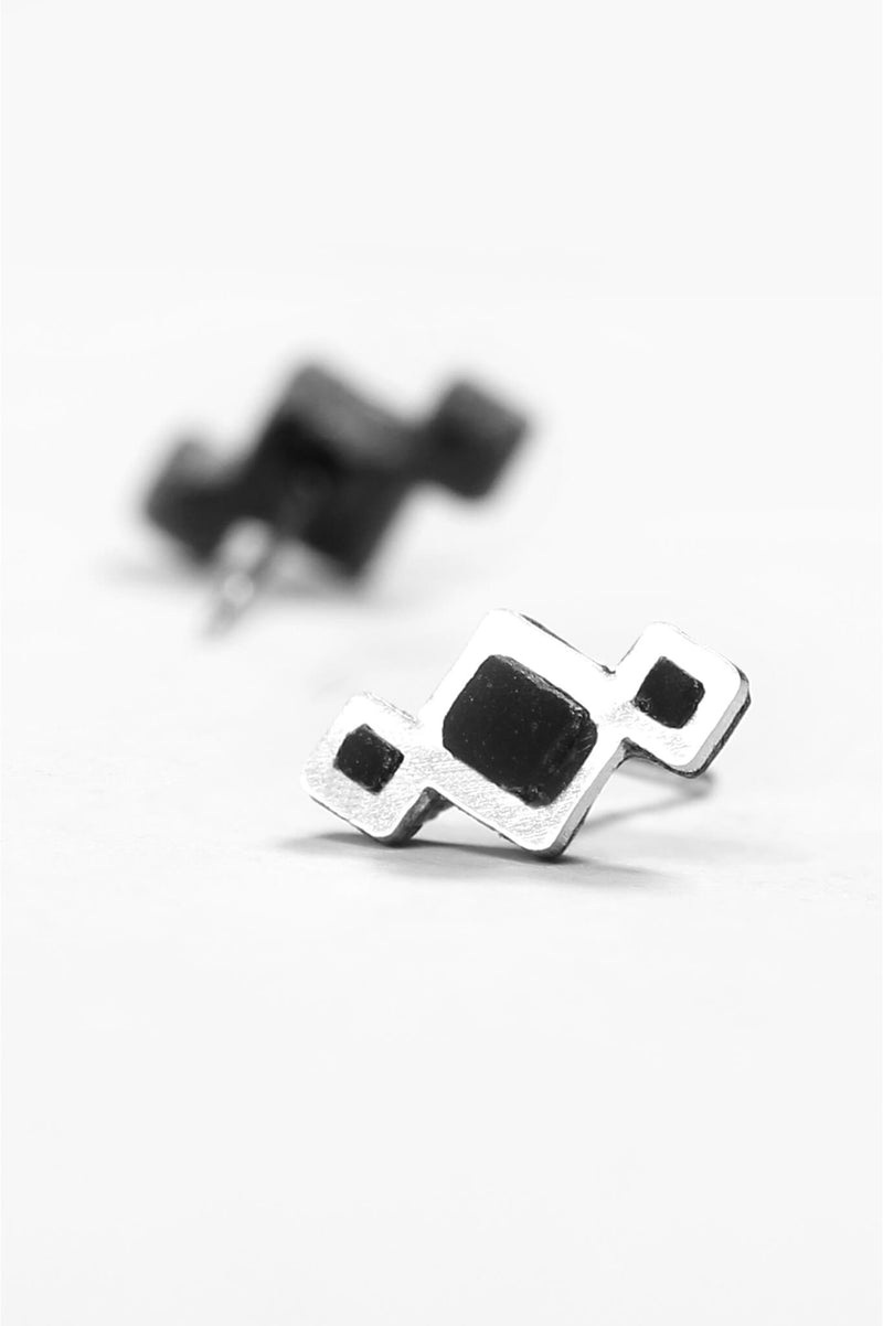 Pineale, small geometric studs handmade with black resin and hypoallergenic stainless steel