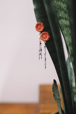 Rosendaël by designer Bijoux Pépine, hypoallergenic luxury dangling stud earrings in coral red
