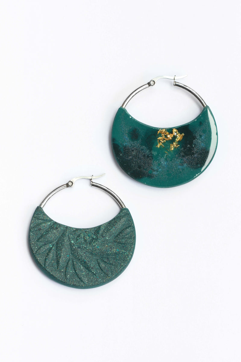 Séléné, green forest sustainable resin and 24 karat gold leaf luxury hoop earrings handmade by Bijoux Pépine