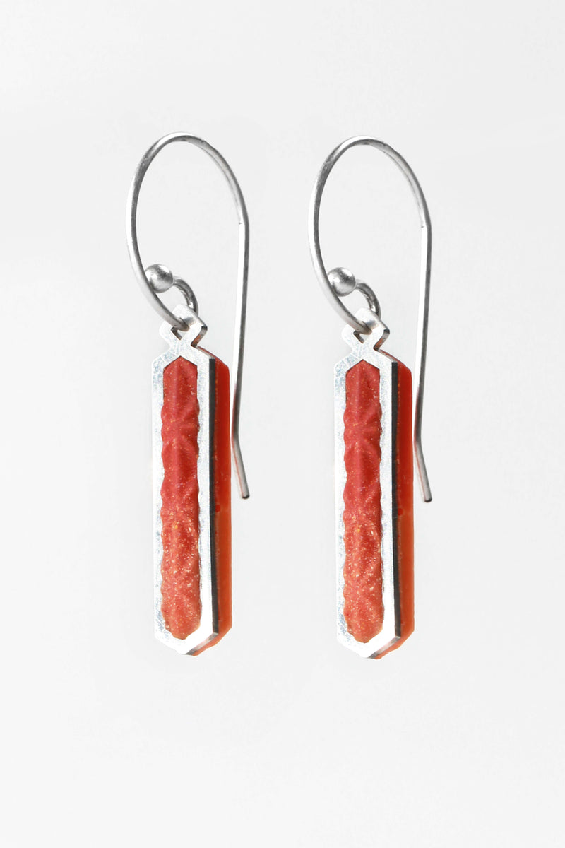 Solstice earrings in red coral color sustainable resin and hypoallergenic stainless steel hook, handmade process