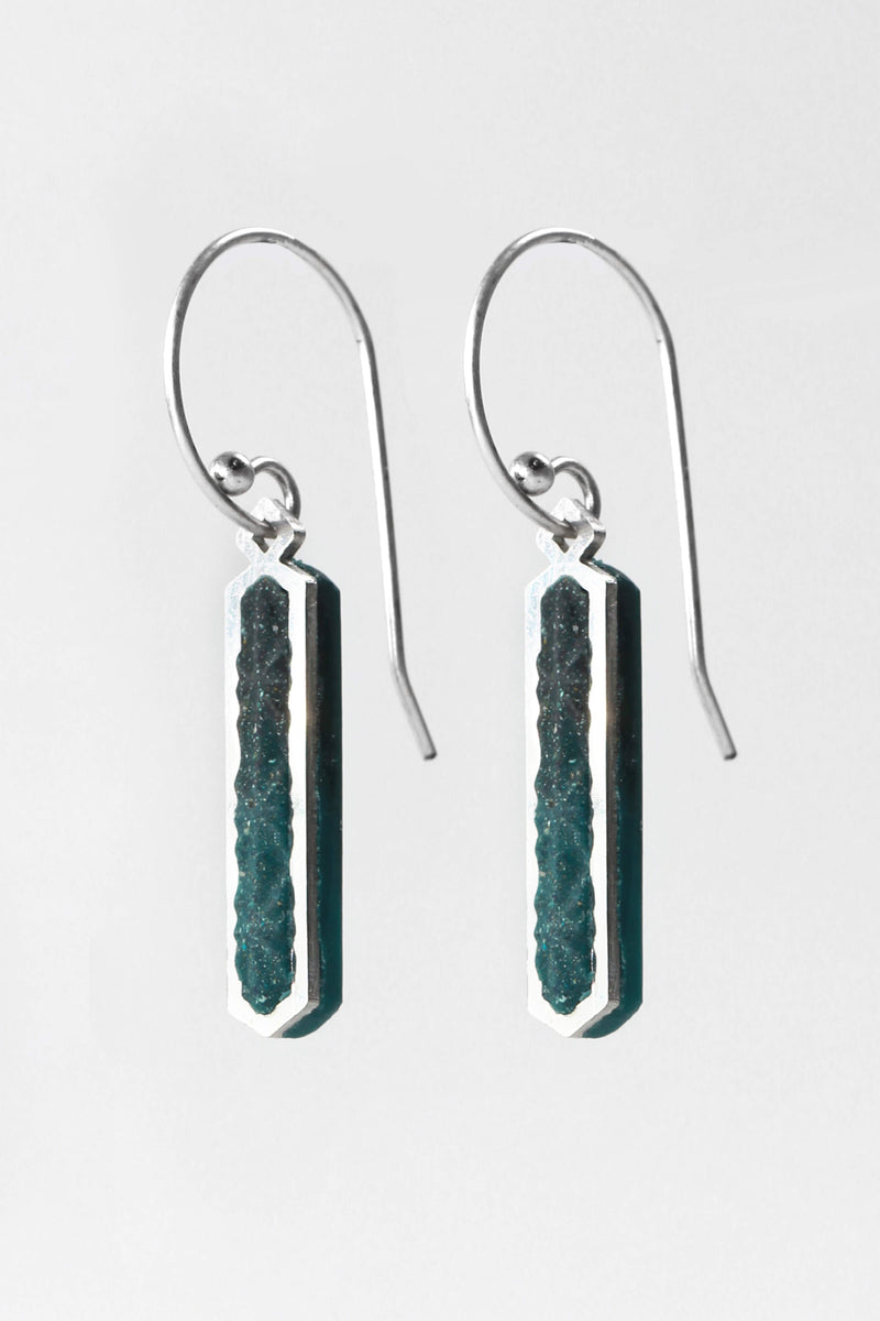 Solstice earrings in green forest color sustainable resin and hypoallergenic stainless steel hook, handmade process