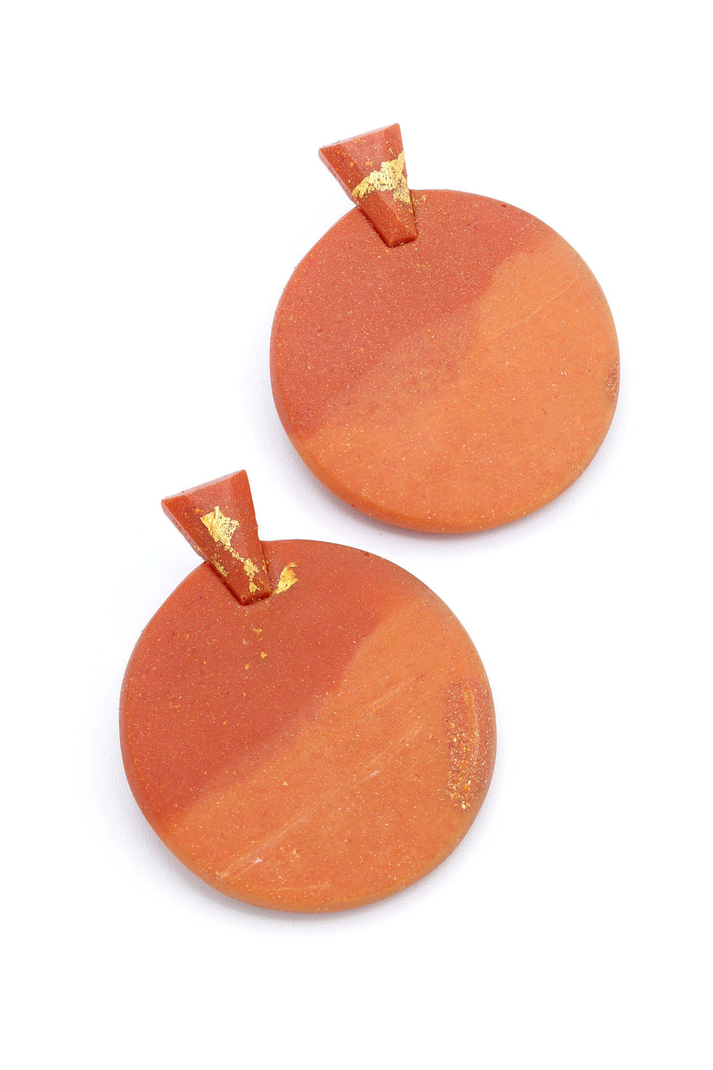 Ulu, contemporary huge statement studs in red coral sustainable resin and gold leaf 24 carats