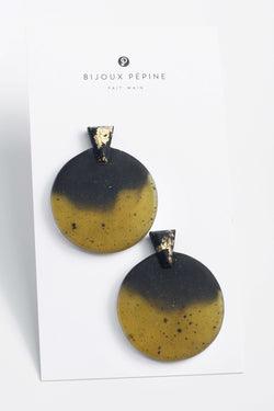 Ulu, contemporary statement studs in black and translucent matcha green resin and gold leaf